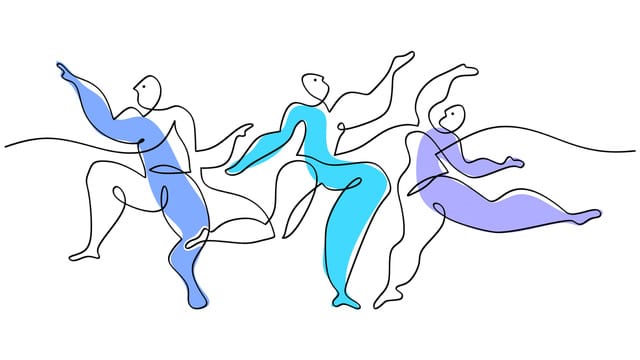 One continuous single line drawing of three man dancing people Cubist.