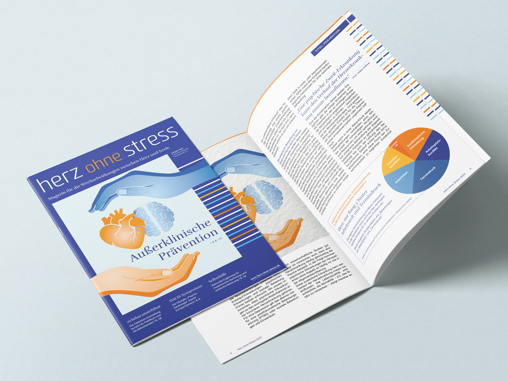 Ansicht Titelseite und eine Doppelseite des Magazin Herz ohne Stress 2025